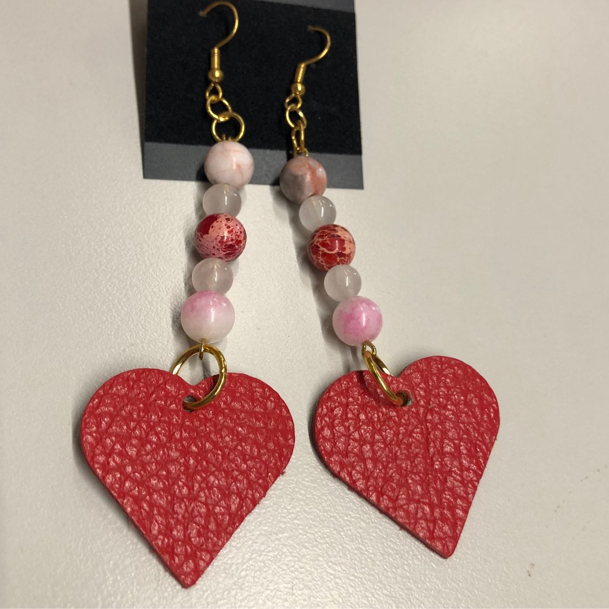 Various Sea Coral Bead Earrings with Real Red Pebbled Leather Heart Charms on Gold ear wires