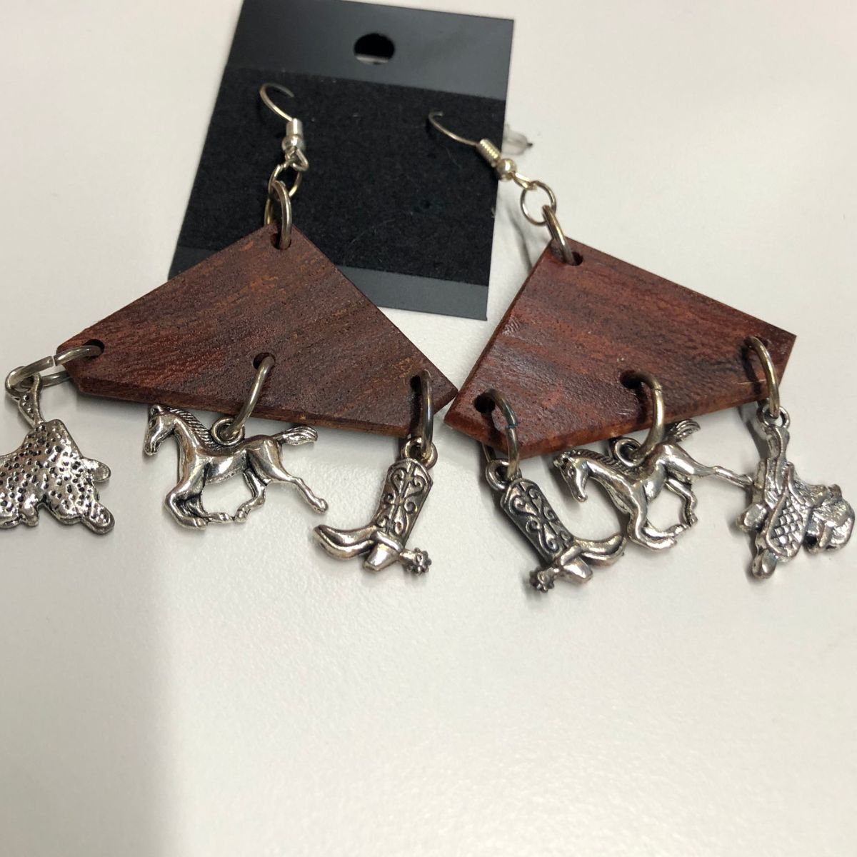 Mesquite Wood Earrings with Silver Western Charms