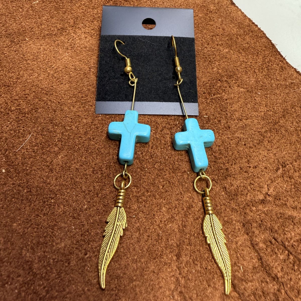 Rhinestone Stud Earrings with Faux Turquoise Crosses & Gold Feather Dangles