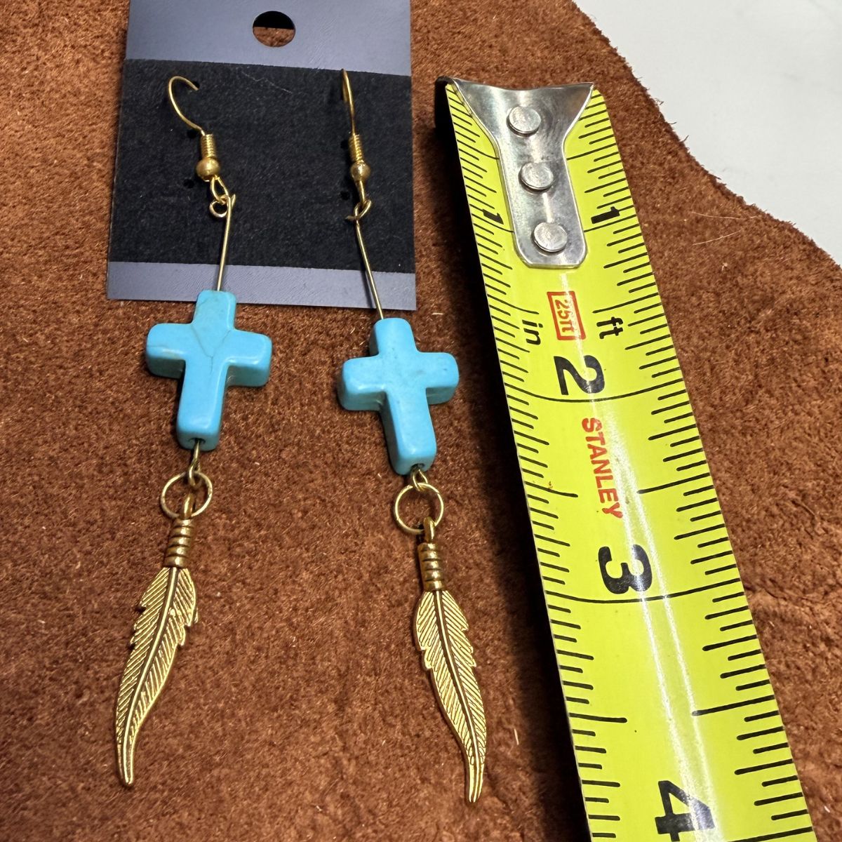 Gold tone ear wires with Faux Turquoise Crosses & Gold Feather Dangles - Image 2