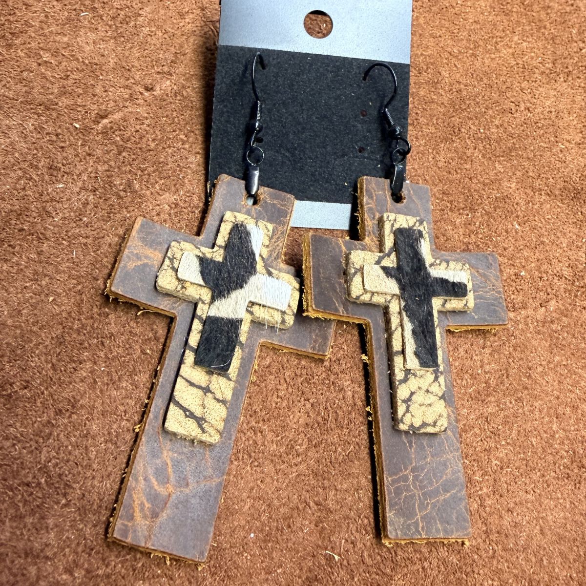 Distressed Leather Large Cross, Medium Bison Hide Cross, Small Hair on Hide Cross Earrings on Black Ear Wires