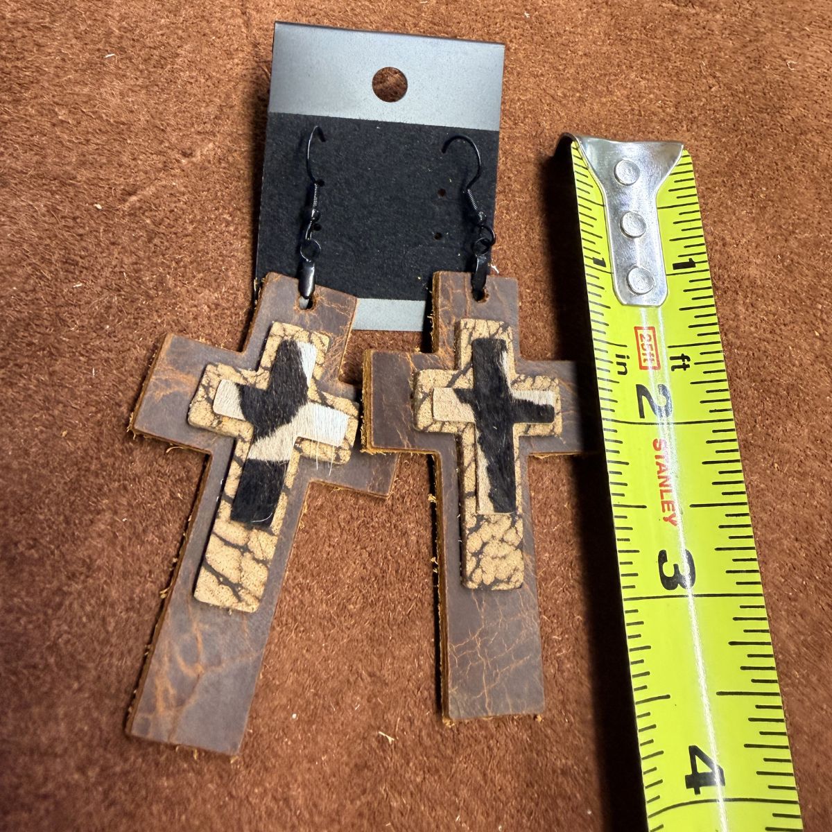 Distressed Leather Large Cross, Medium Bison Hide Cross, Small Hair on Hide Cross Earrings on Black Ear Wires - Image 2