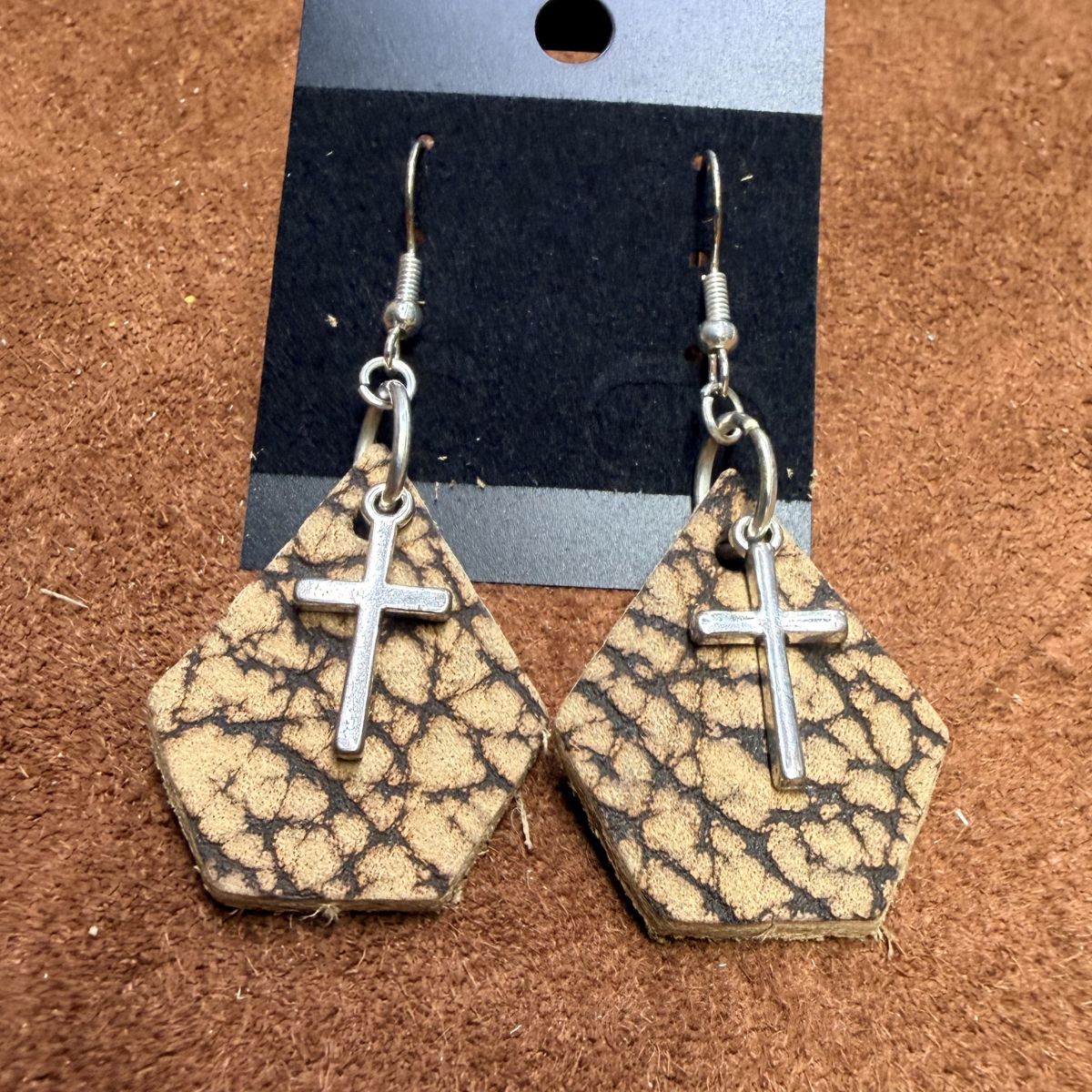 Real Bison Hide Leather Geometric Earrings with Silver Cross Charms on Silver Ear Wires