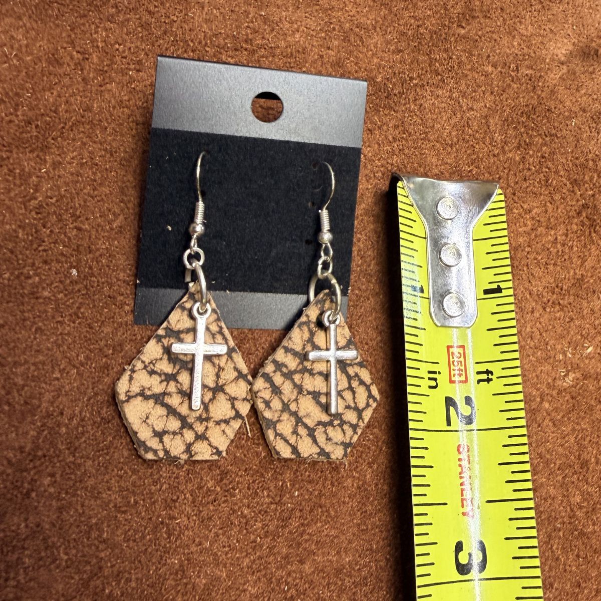 Real Bison Hide Leather Geometric Earrings with Silver Cross Charms on Silver Ear Wires - Image 2