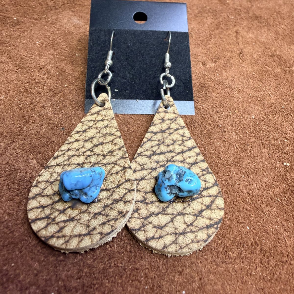 Bison Leather Teardrop Earrings with Real Turquoise Nuggets on Silver Ear Wires