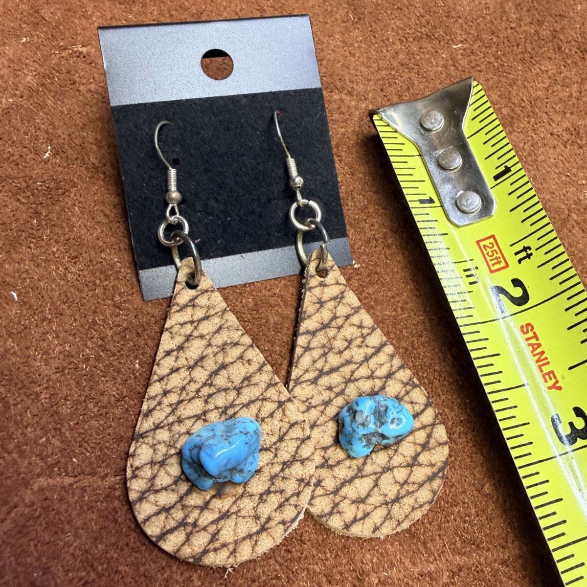 Bison Leather Teardrop Earrings with Real Turquoise Nuggets on Silver Ear Wires - Image 2