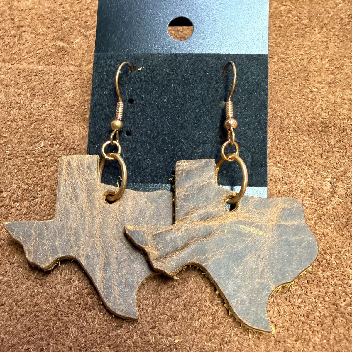 Real Distressed Leather Texas Earrings on Rose Gold ear wires