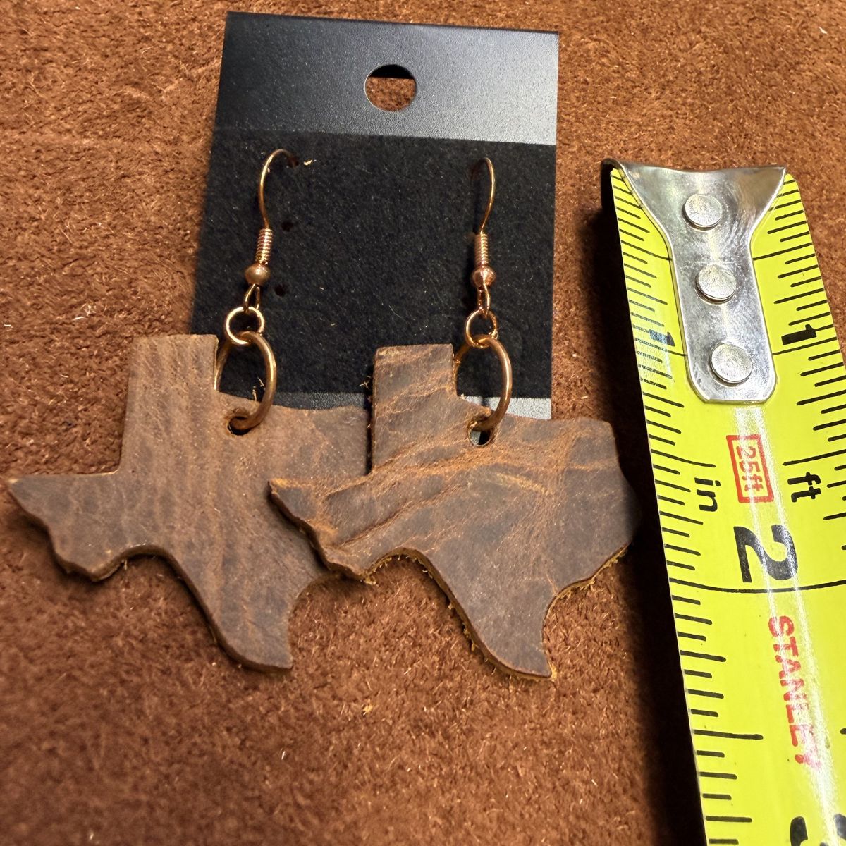 Real Distressed Leather Texas Earrings on Rose Gold ear wires - Image 2
