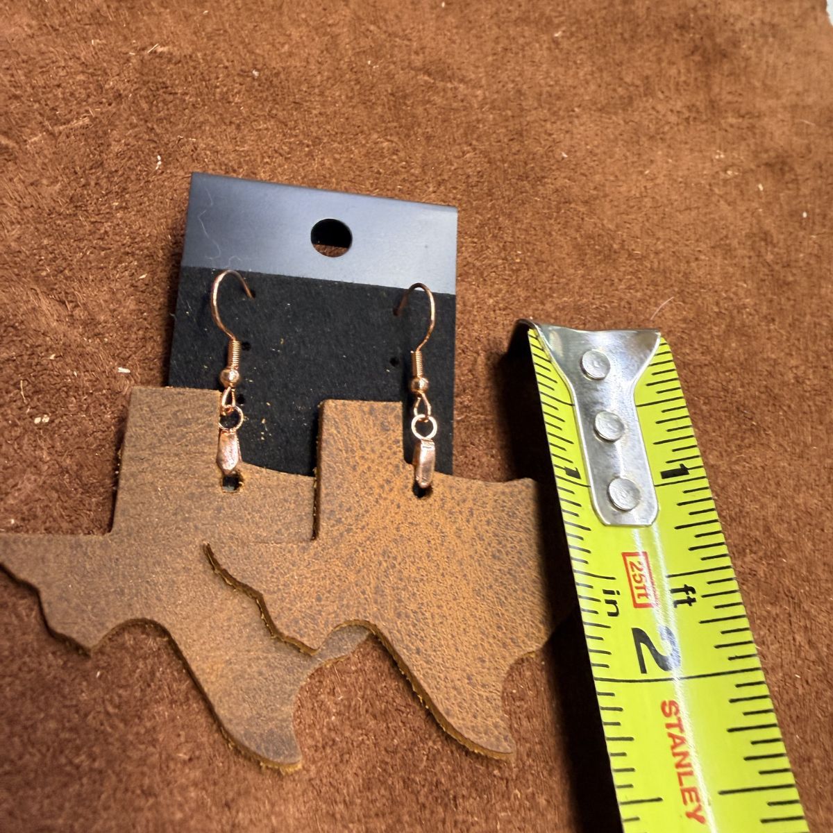 Real Distressed Leather Texas 2.75 Inch Earrings on Rose Gold ear wires - Image 2