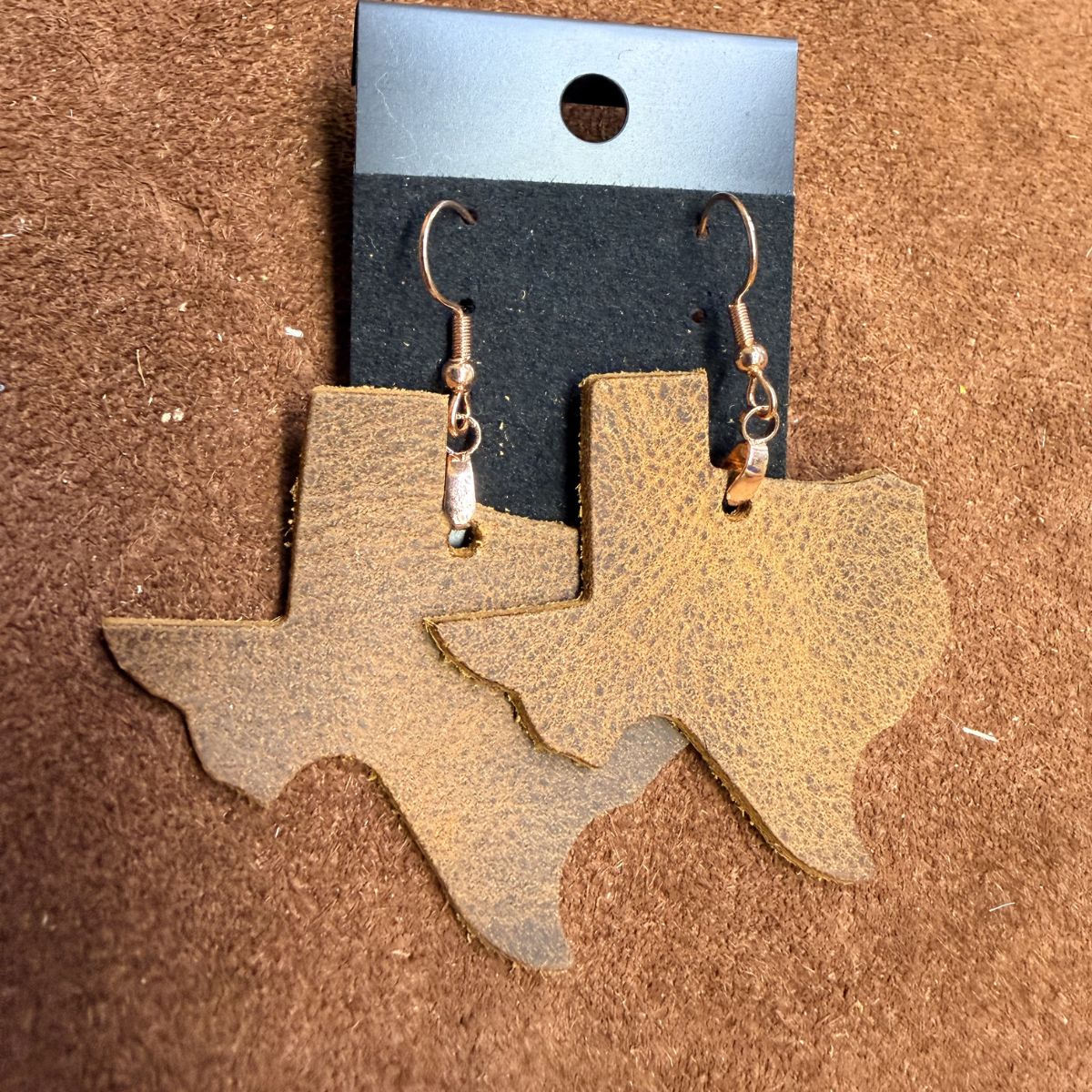 Real Distressed Leather Texas 2.75 Inch Earrings on Rose Gold ear wires