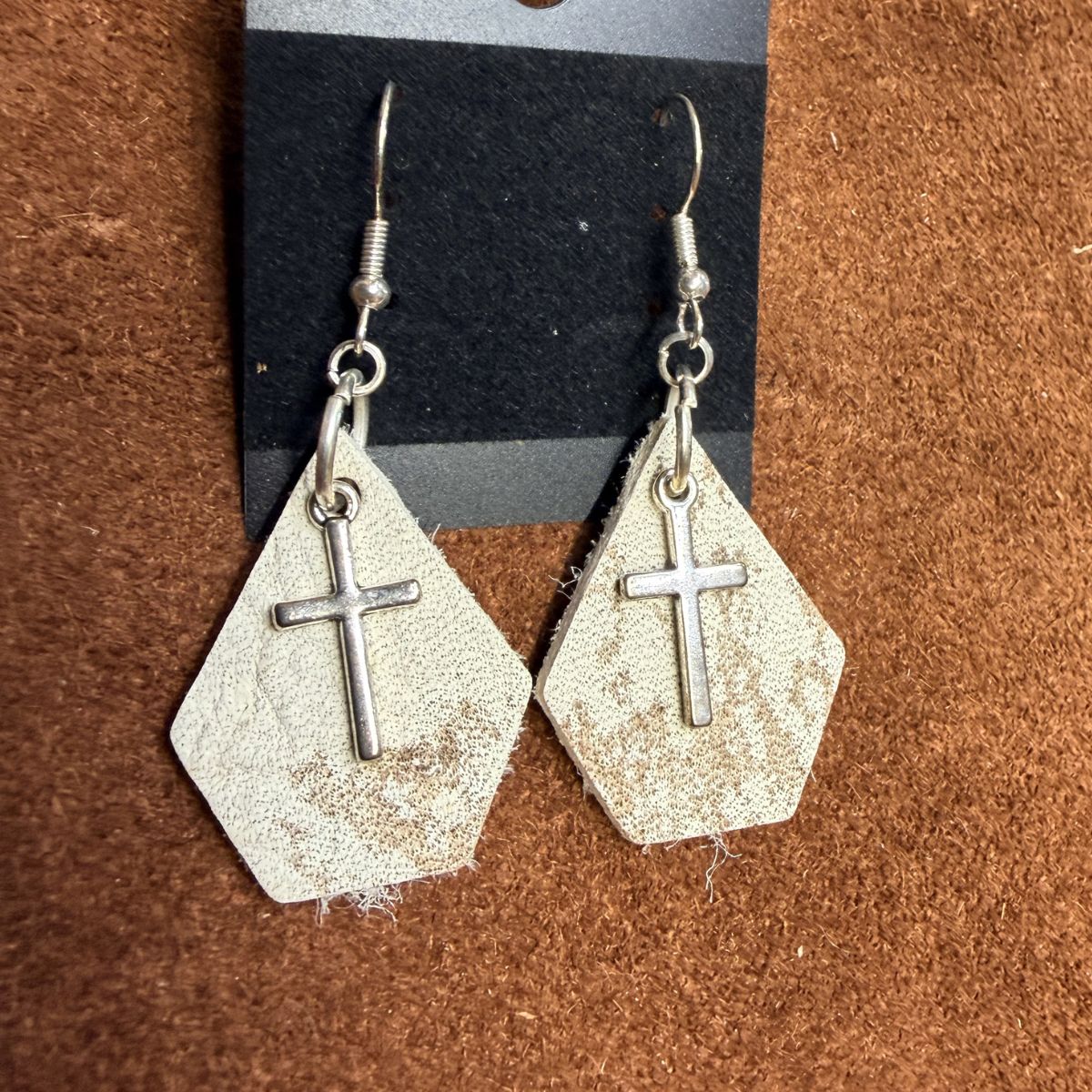 Tan & White Raw Hide Leather Geometric Earrings with Silver Cross Charms on Silver Ear Wires
