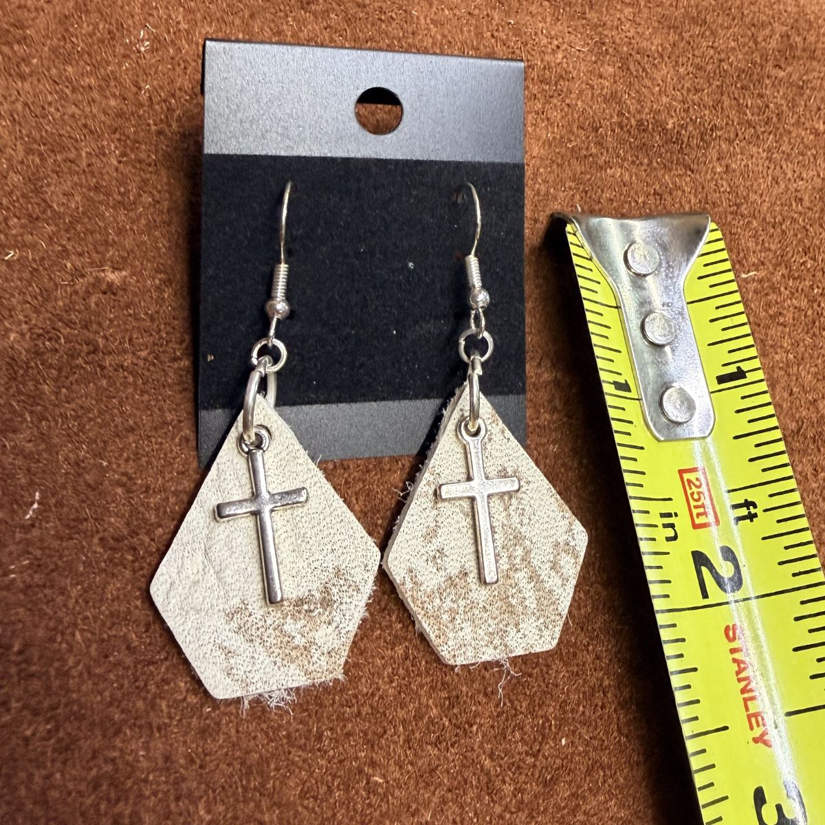 Tan & White Raw Hide Leather Geometric Earrings with Silver Cross Charms on Silver Ear Wires - Image 2