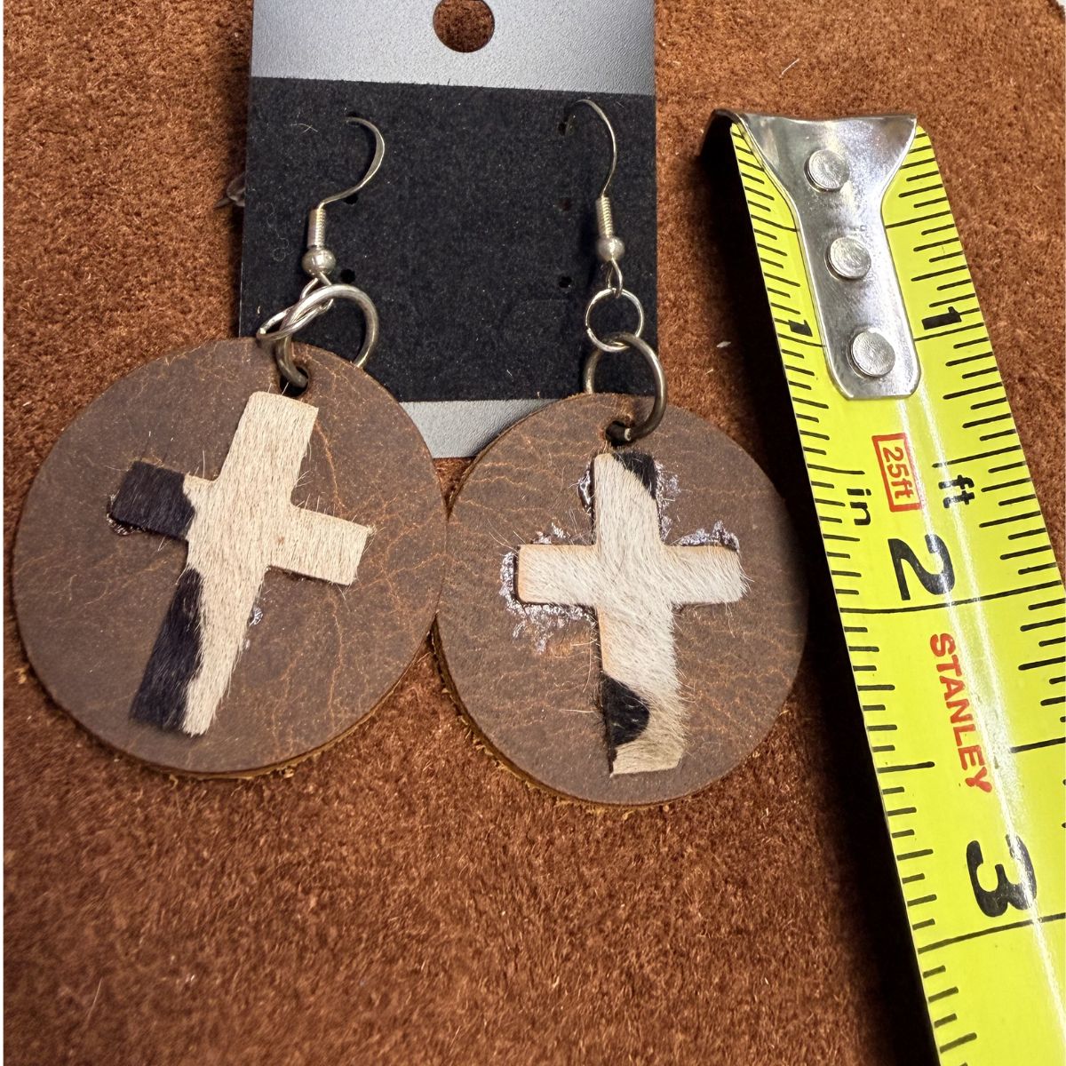 Real Distressed Leather 2 Inch Circles with Black and White Hair on Hide Crosses on Silver Ear Wires - Image 2