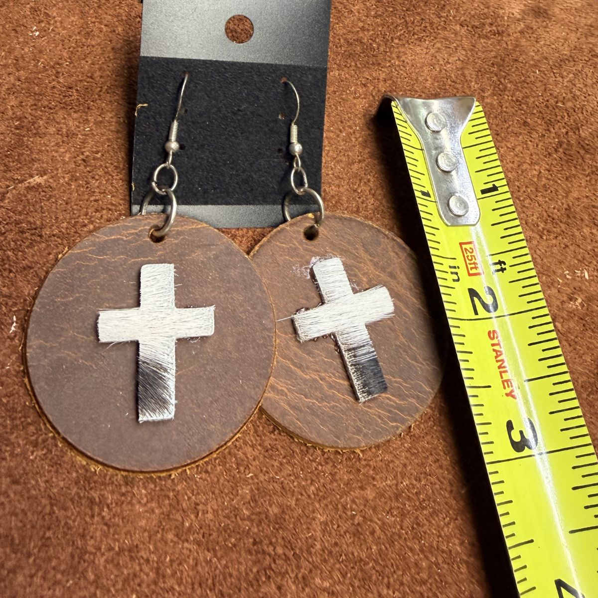 Real Distressed Leather 1.5 Inch Circles with Black and White Hair on Hide Crosses on Silver Ear Wires - Image 2