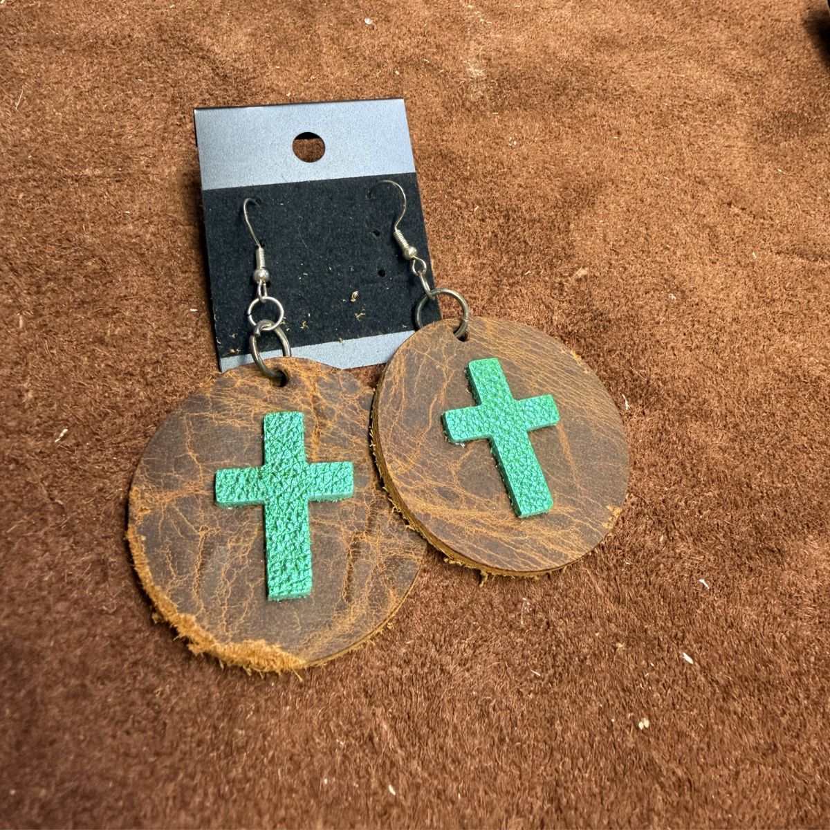 Real Distressed Leather 2 Inch Circles with Green Crosses on Silver Ear Wires