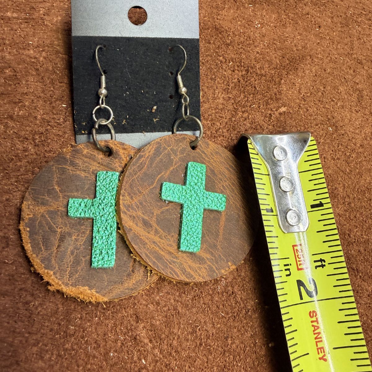 Real Distressed Leather 2 Inch Circles with Green Crosses on Silver Ear Wires - Image 2