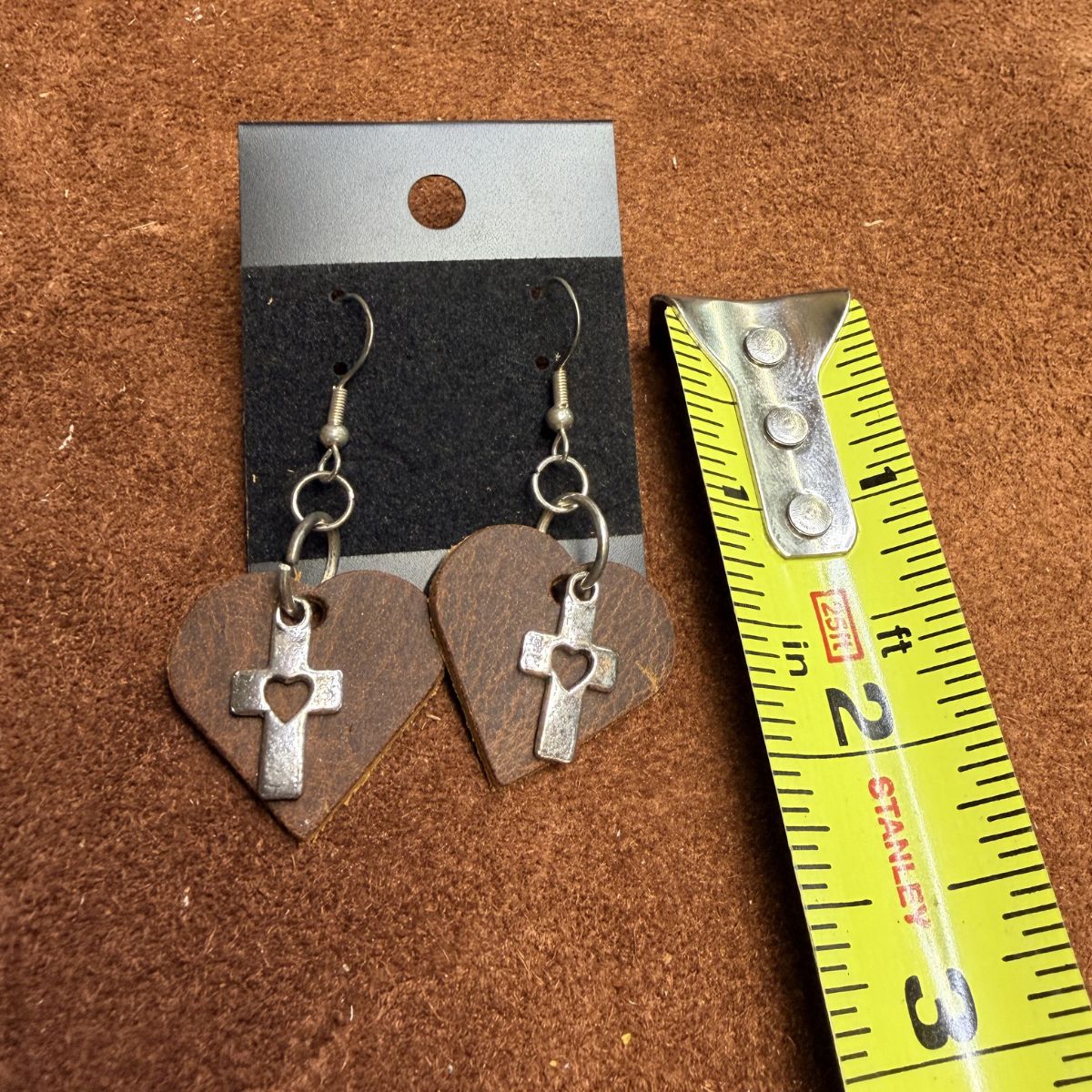 Real Distressed Leather Heart Earrings with Silver Cross Charms on Silver ear wires - Image 2