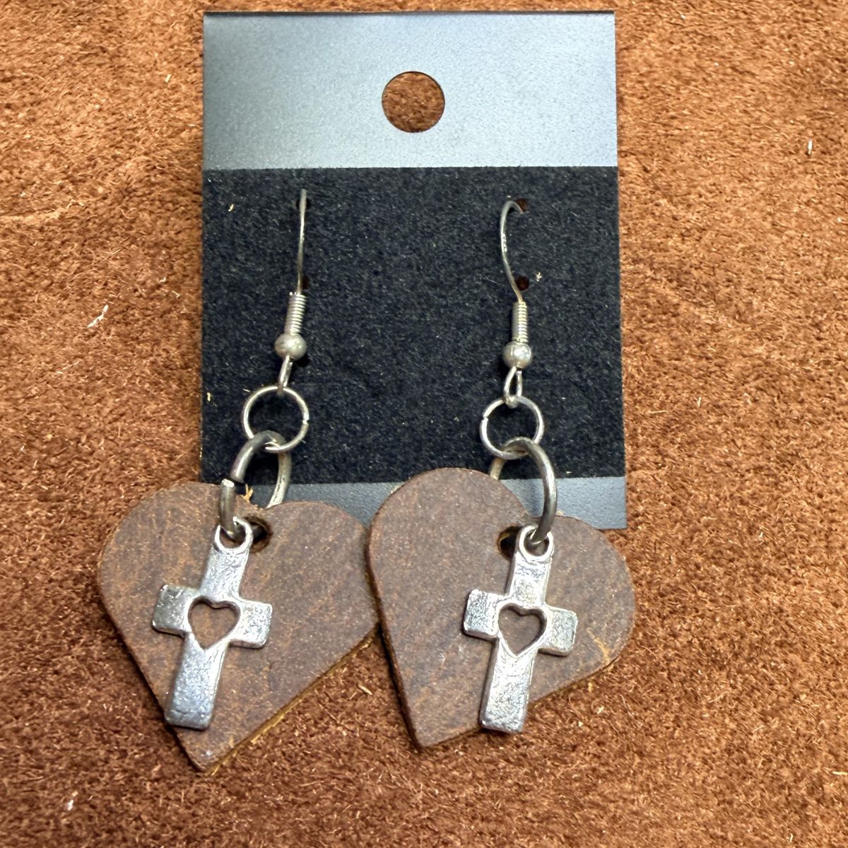 Real Distressed Leather Heart Earrings with Silver Cross Charms on Silver ear wires