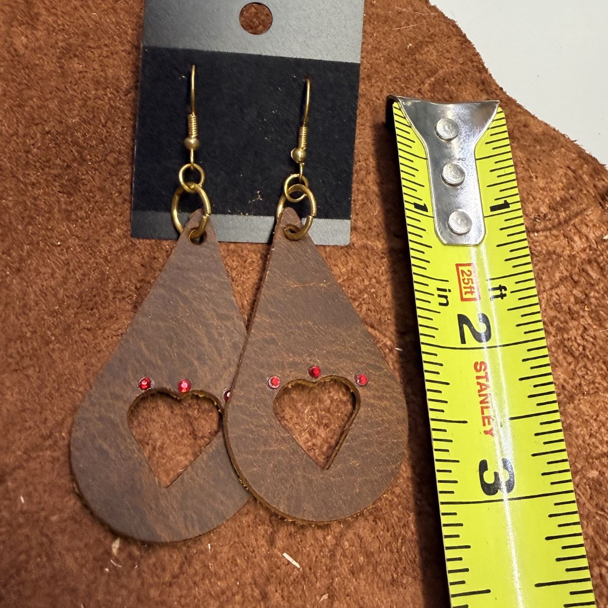 Distressed Leather Teardrop Earrings with Heart Cutouts and Red Rhinestones on Gold Ear Wires - Image 2