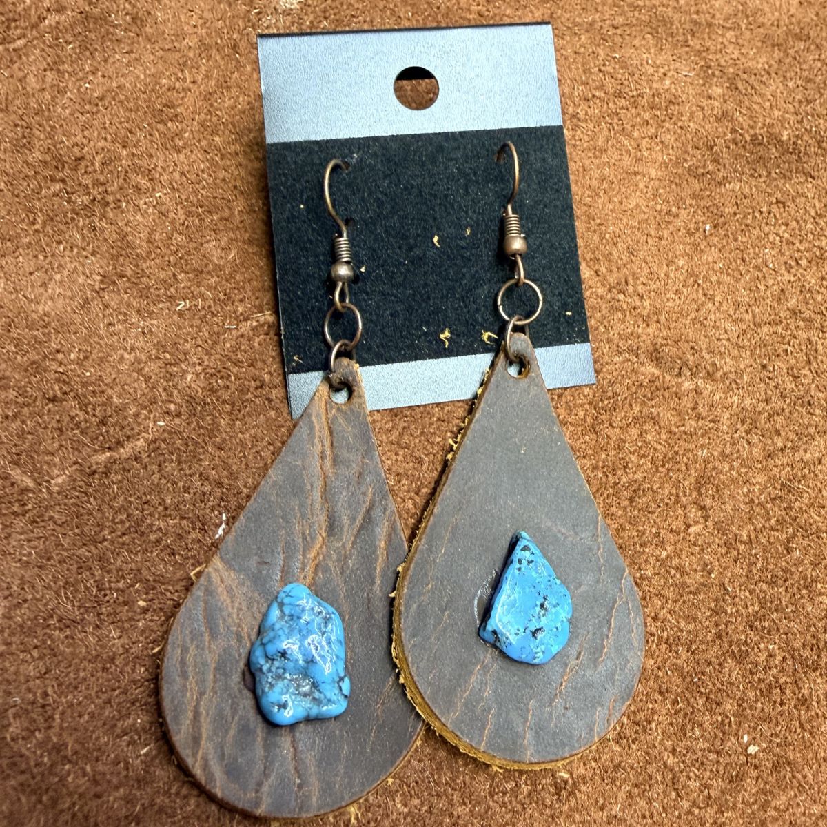 Real Distressed Leather Teardrop Earrings with Real Turquoise Nuggets on Copper ear wires