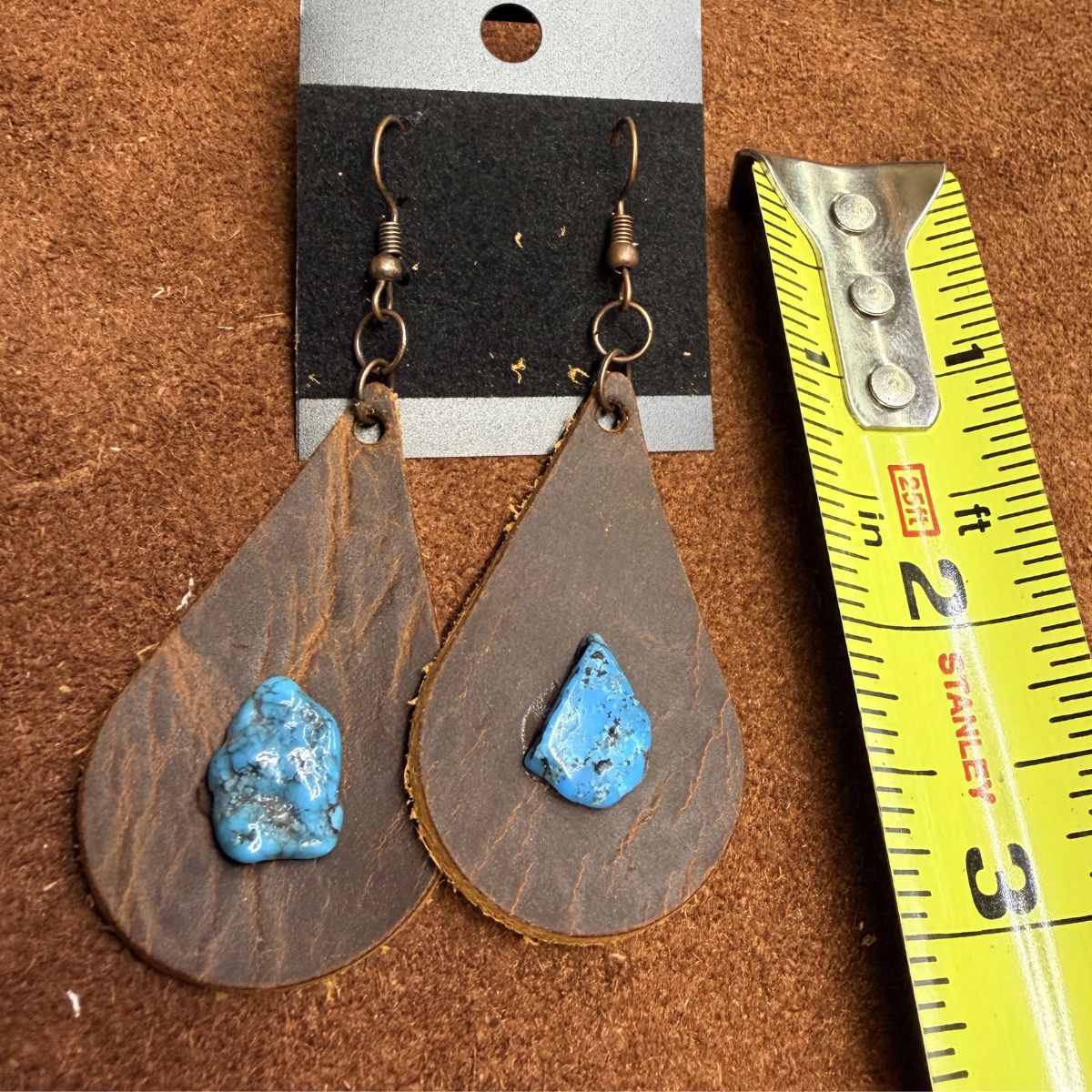 Real Distressed Leather Teardrop Earrings with Real Turquoise Nuggets on Copper ear wires - Image 2
