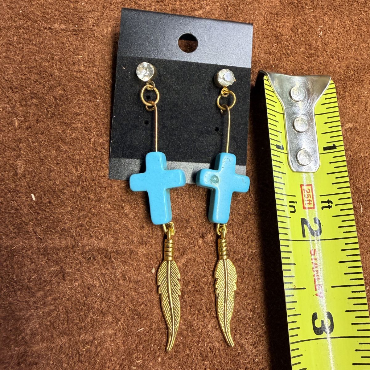 Rhinestone Stud Earrings with Faux Turquoise Crosses & Gold Feather Dangles - Image 2