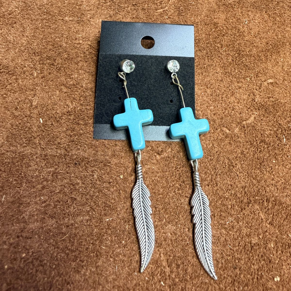 Silver Rhinestone Stud Earrings with Faux Turquoise Crosses & Silver Feather Dangles