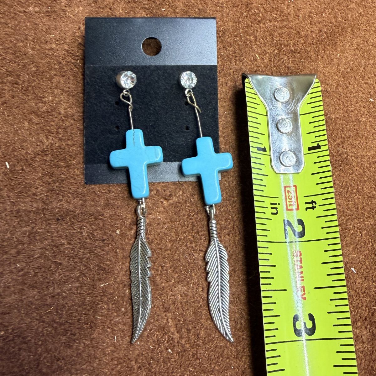 Silver Rhinestone Stud Earrings with Faux Turquoise Crosses & Silver Feather Dangles - Image 2
