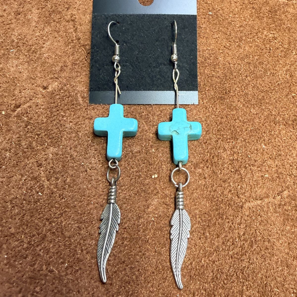 Silver ear wires with Faux Turquoise Crosses & Silver Feather Dangles