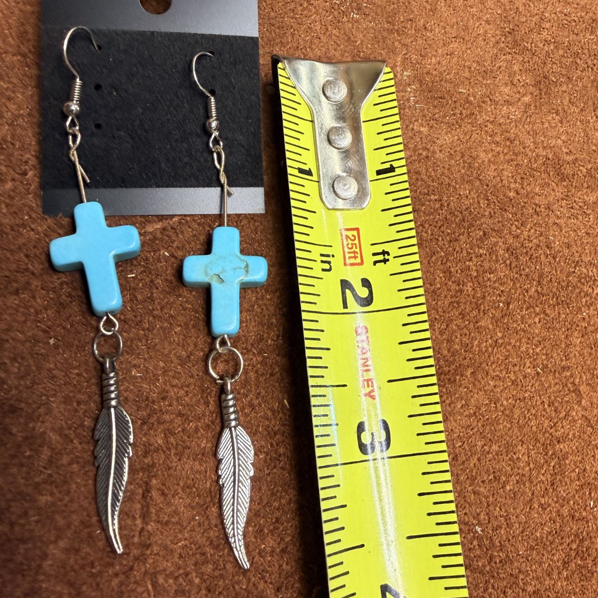 Silver ear wires with Faux Turquoise Crosses & Silver Feather Dangles - Image 2