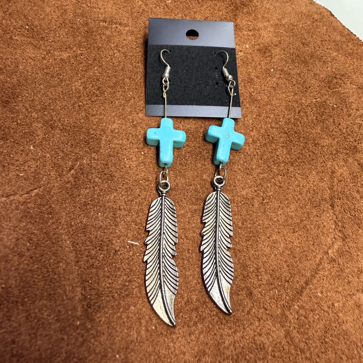 Silver ear wires with Faux Turquoise Crosses & Silver Feather 4 inch Dangles