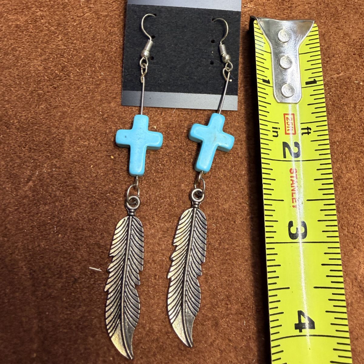 Silver ear wires with Faux Turquoise Crosses & Silver Feather 4 inch Dangles - Image 2