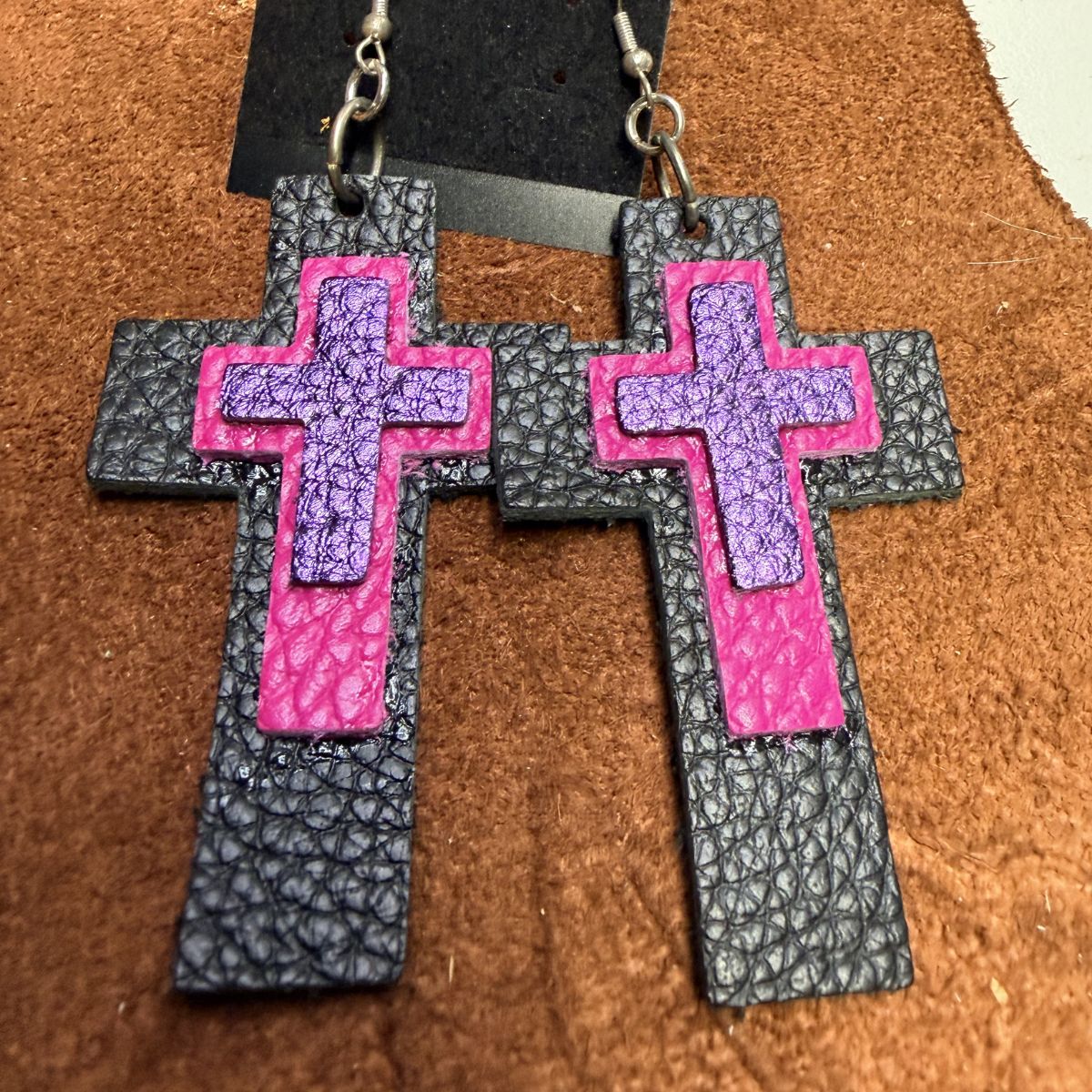 Black Pebbled Leather Large Cross, Medium Pink Pebbled Leather Cross, Small Purple Pebbled Leather Cross Earrings on Silver Ear Wires