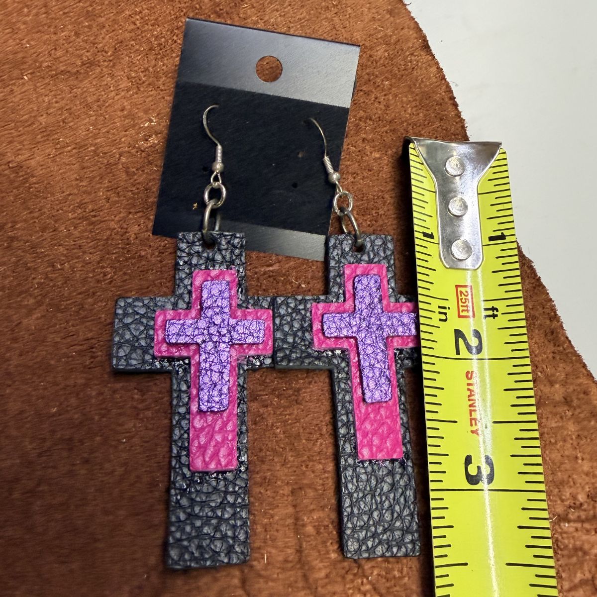 Black Pebbled Leather Large Cross, Medium Pink Pebbled Leather Cross, Small Purple Pebbled Leather Cross Earrings on Silver Ear Wires - Image 2