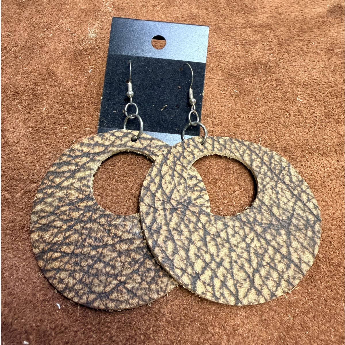 Real Bison Hide Leather Wide Circle Earrings on Silver Ear Wires