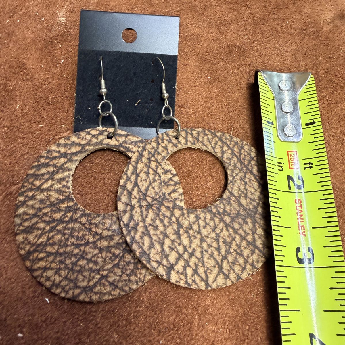 Real Bison Hide Leather Wide Circle Earrings on Silver Ear Wires - Image 2