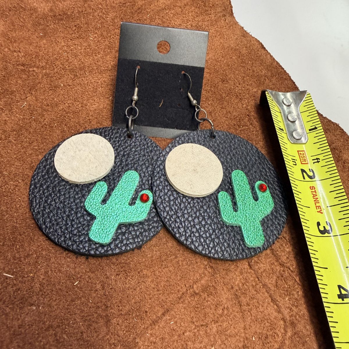 Real Black Pebbled Leather Rounds, Green Saguaro Cactus with Red Rhinestone and White Cowhide Moon Earrings on Silver Ear Wires - Image 2