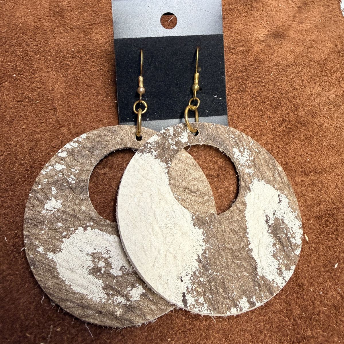 Real Brown&White Cowhide Leather Wide Circle Earrings on Gold Ear Wires