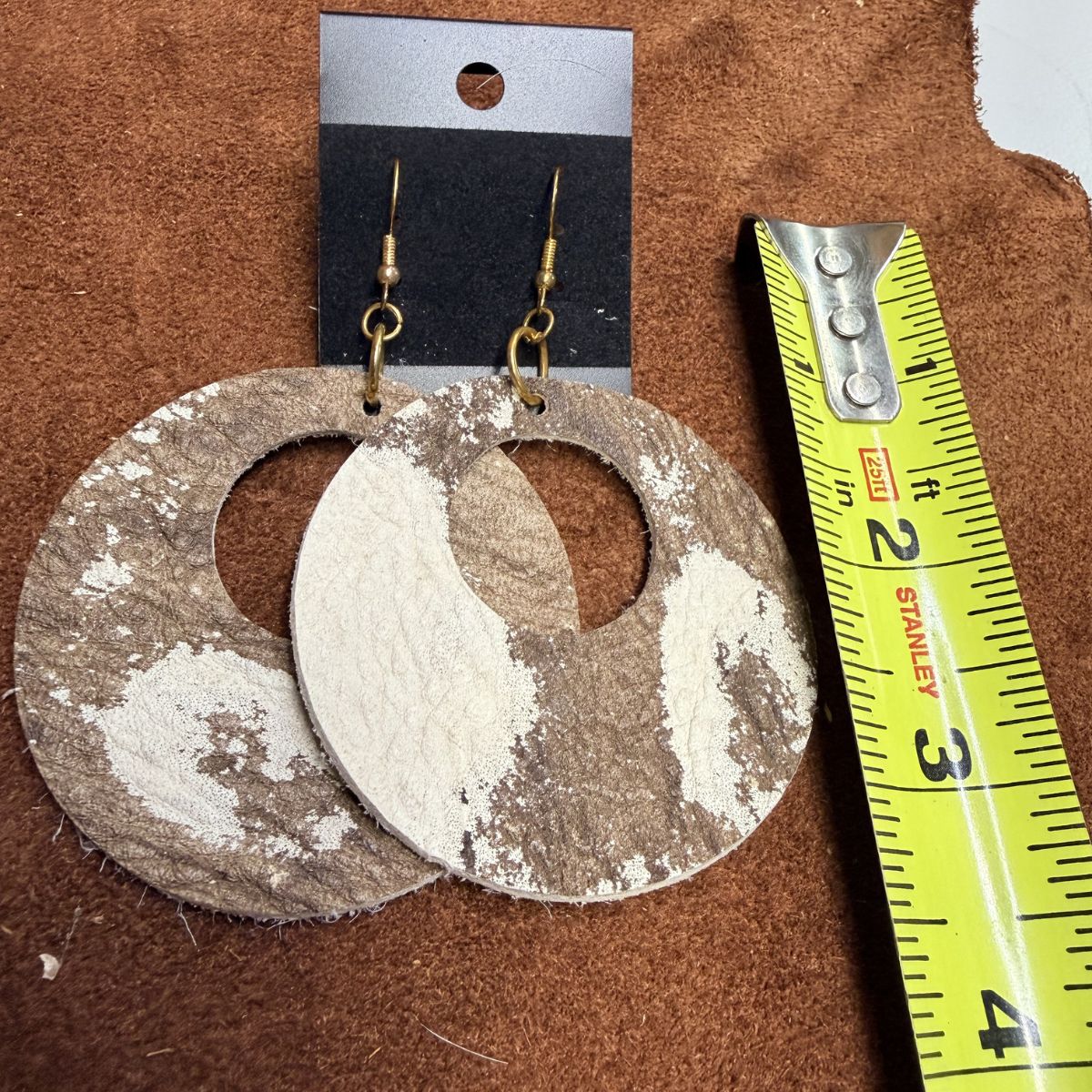 Real Brown&White Cowhide Leather Wide Circle Earrings on Gold Ear Wires - Image 2