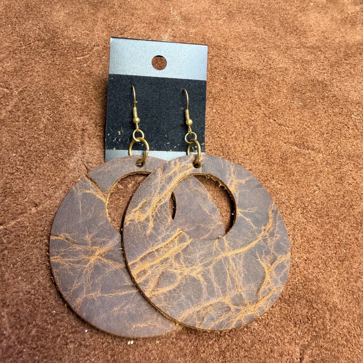 Distressed Leather Wide Circle Cutout Earrings on Gold Ear Wires