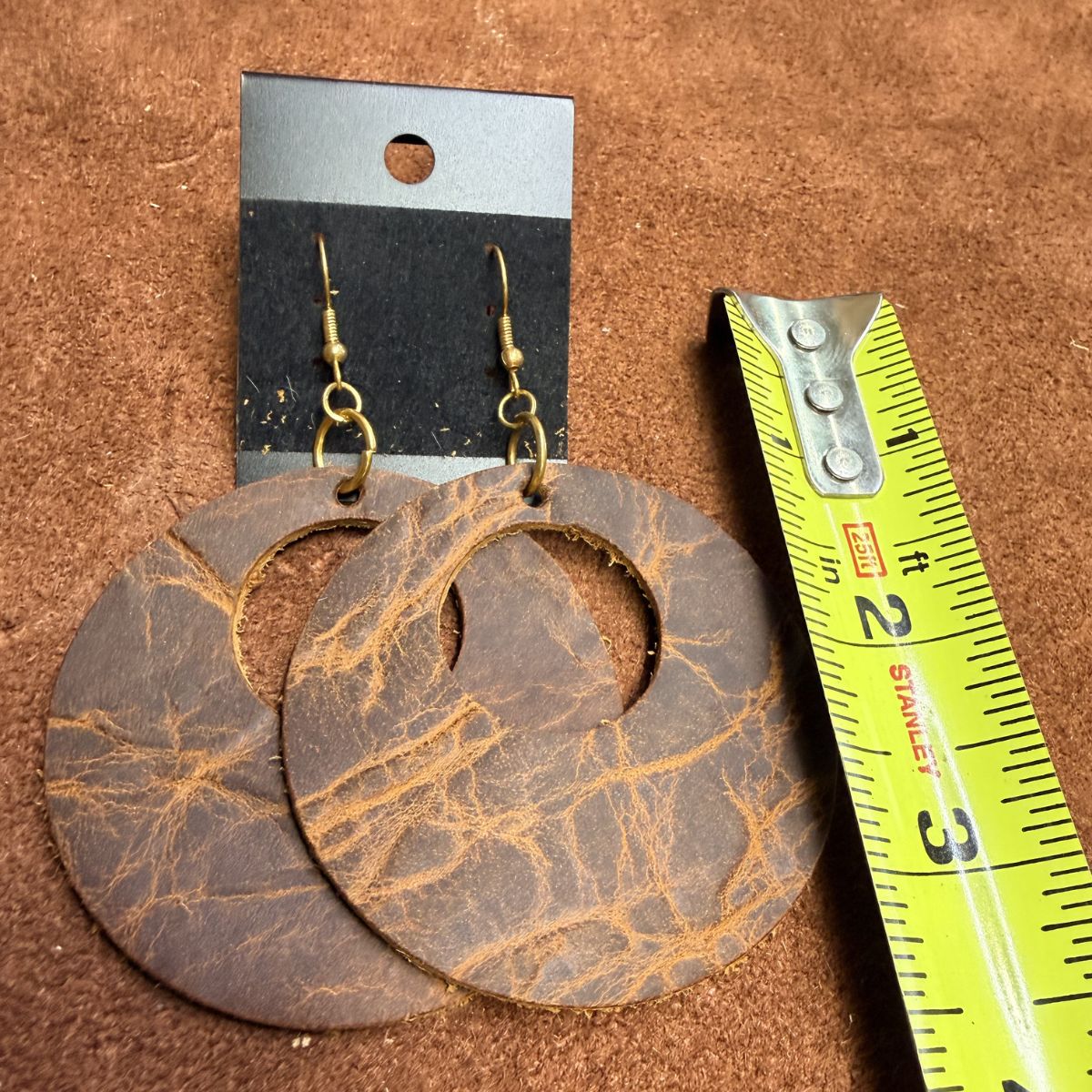 Distressed Leather Wide Circle Cutout Earrings on Gold Ear Wires - Image 2