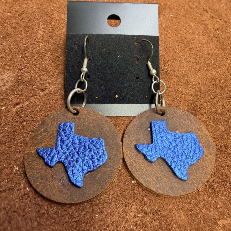 Real Distressed Leather Rounds with Blue Texas Earrings on Silver Ear Wires