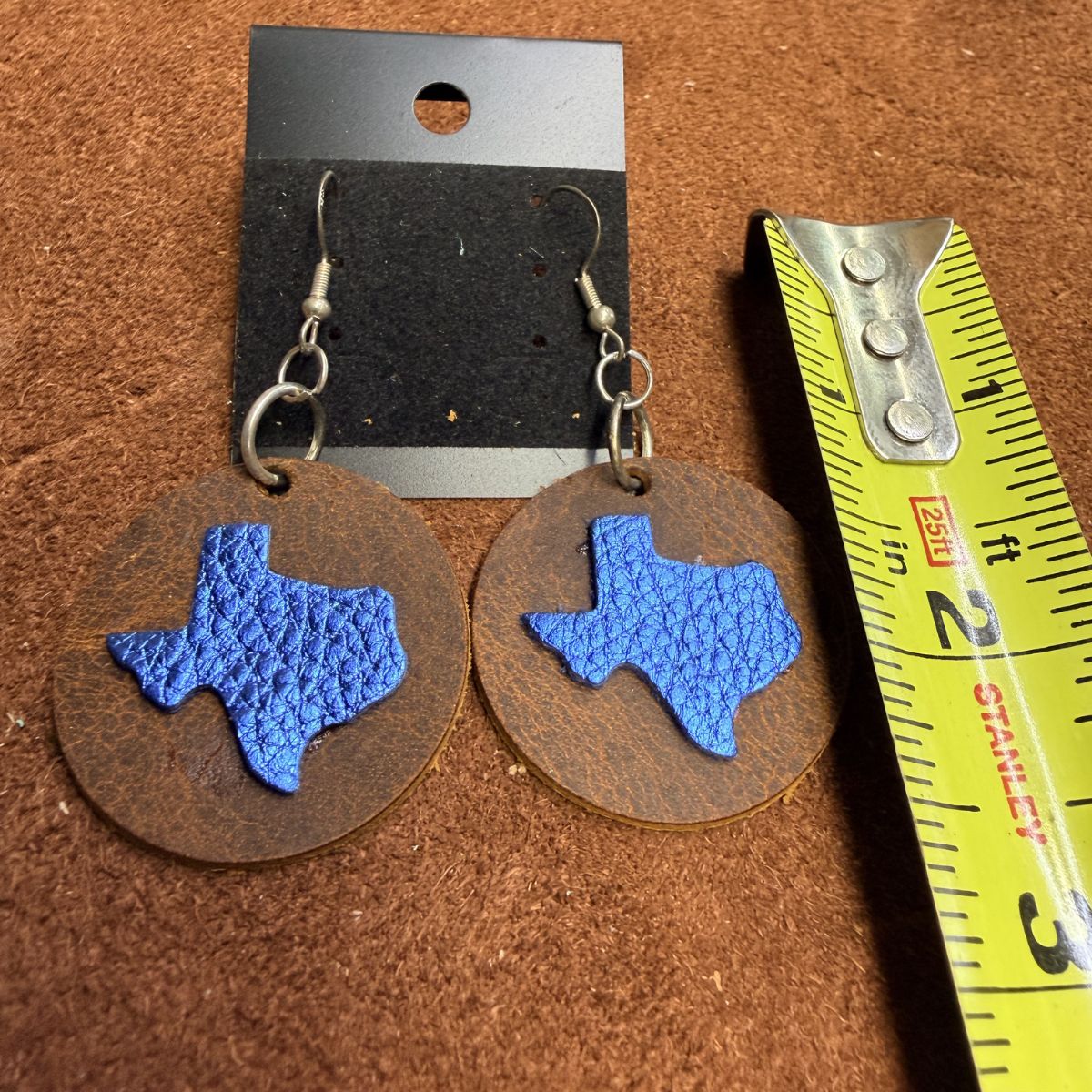 Real Distressed Leather Rounds with Blue Texas Earrings on Silver Ear Wires - Image 2