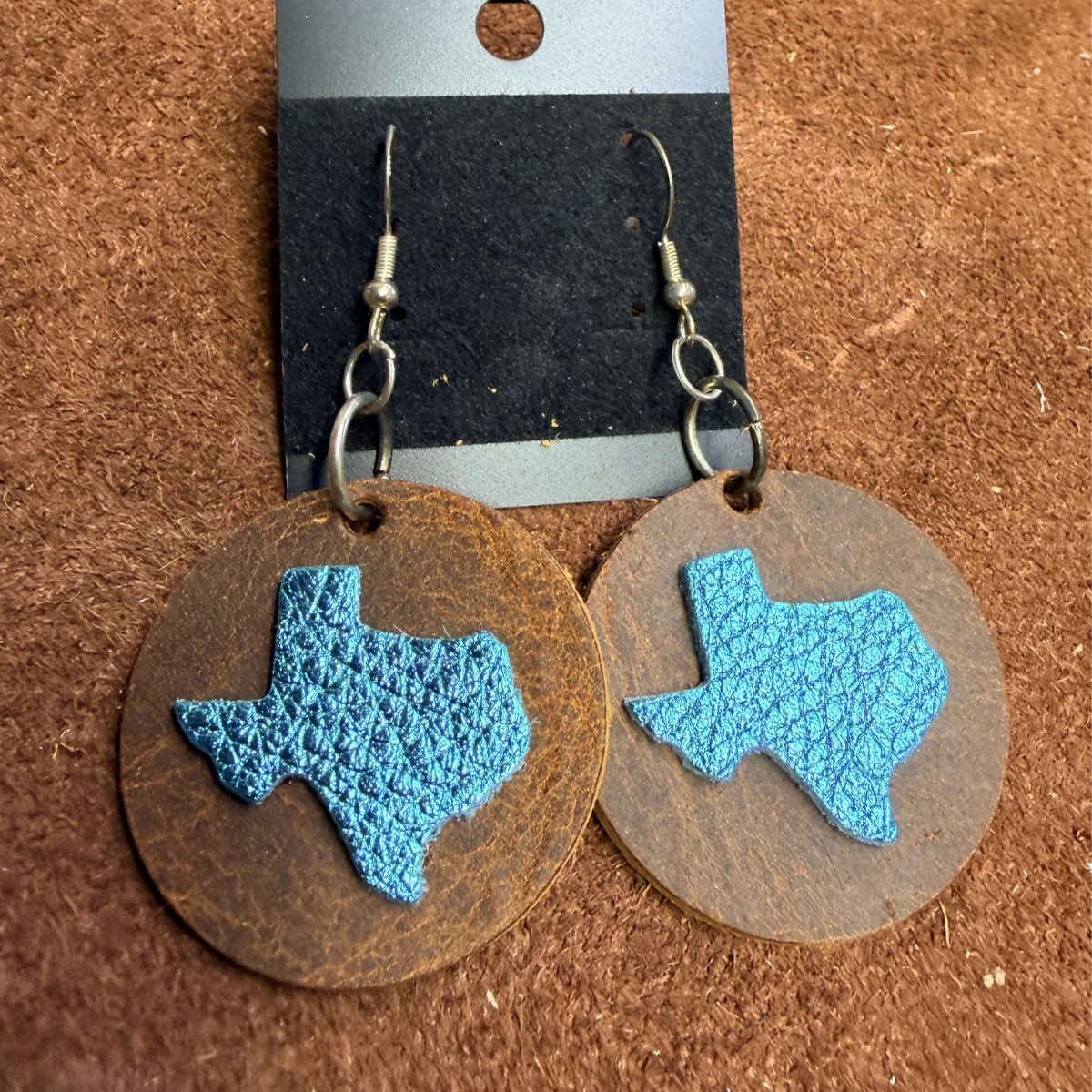 Real Distressed Leather Rounds with Teal Leather Texas Earrings on Silver Ear Wires