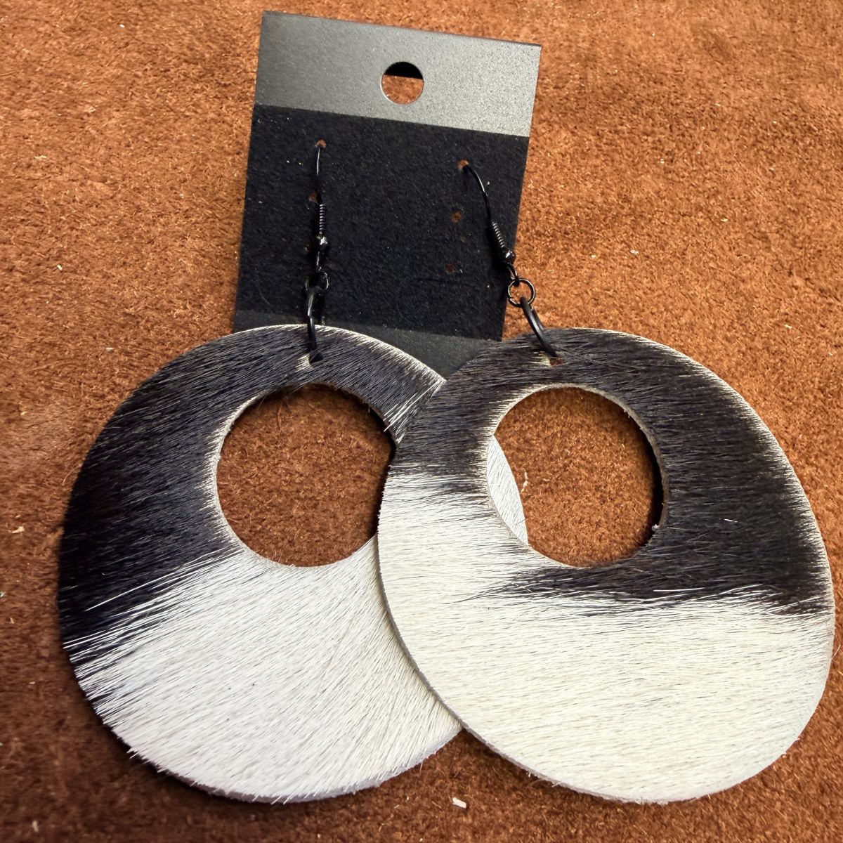 Real Brown & White Hair on Hide Leather Wide Circle Earrings on Black Ear Wires