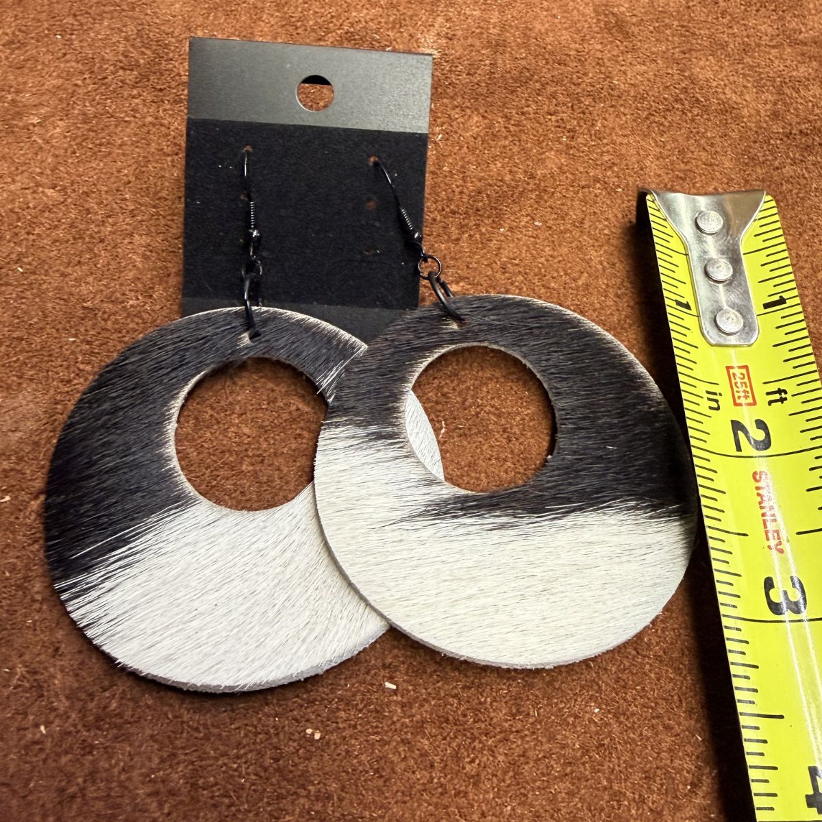 Real Brown & White Hair on Hide Leather Wide Circle Earrings on Black Ear Wires - Image 2