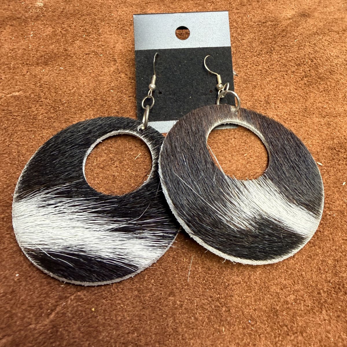 Real Brown & White Hair on Hide Leather Wide Circle Earrings on Silver Ear Wires