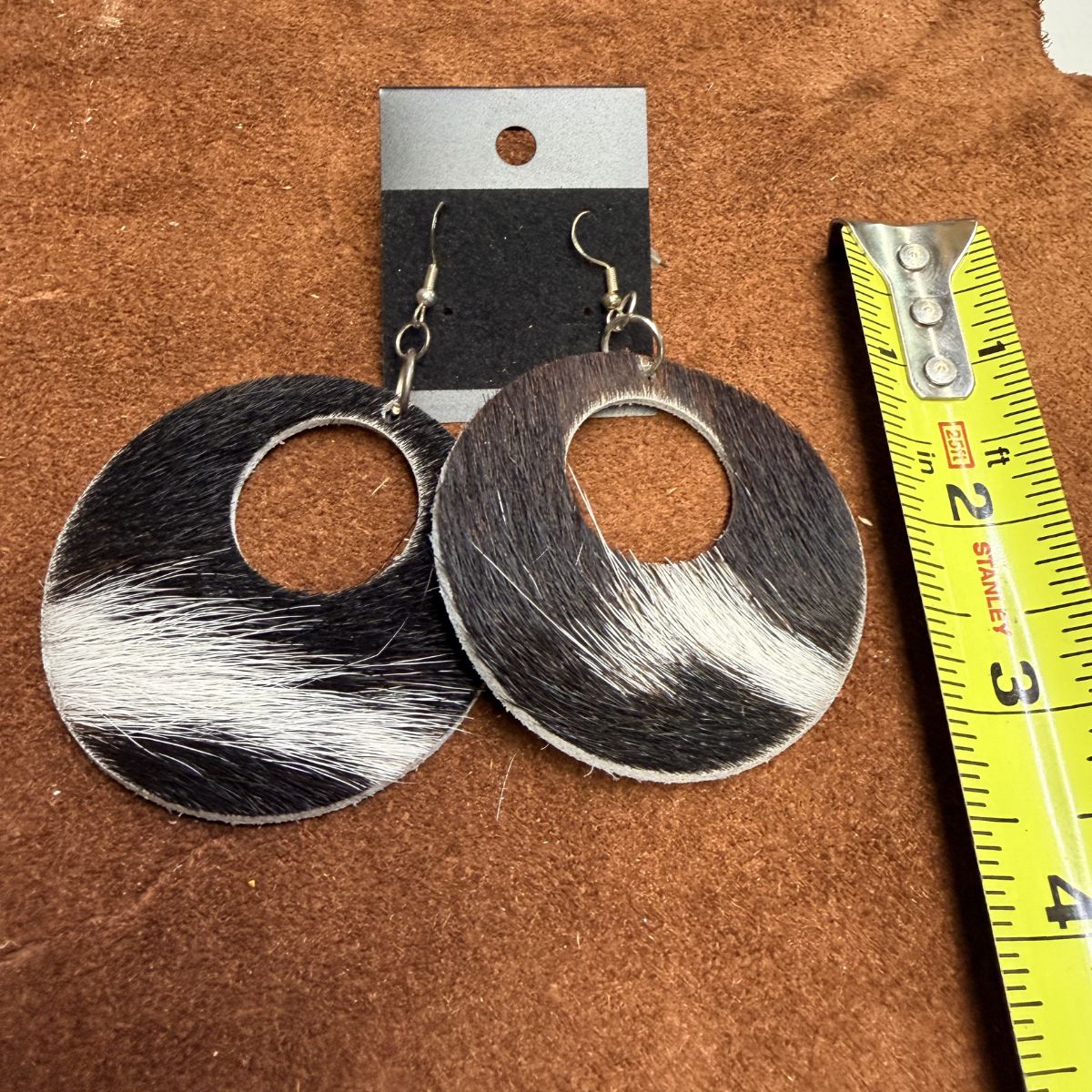 Real Brown & White Hair on Hide Leather Wide Circle Earrings on Silver Ear Wires - Image 2
