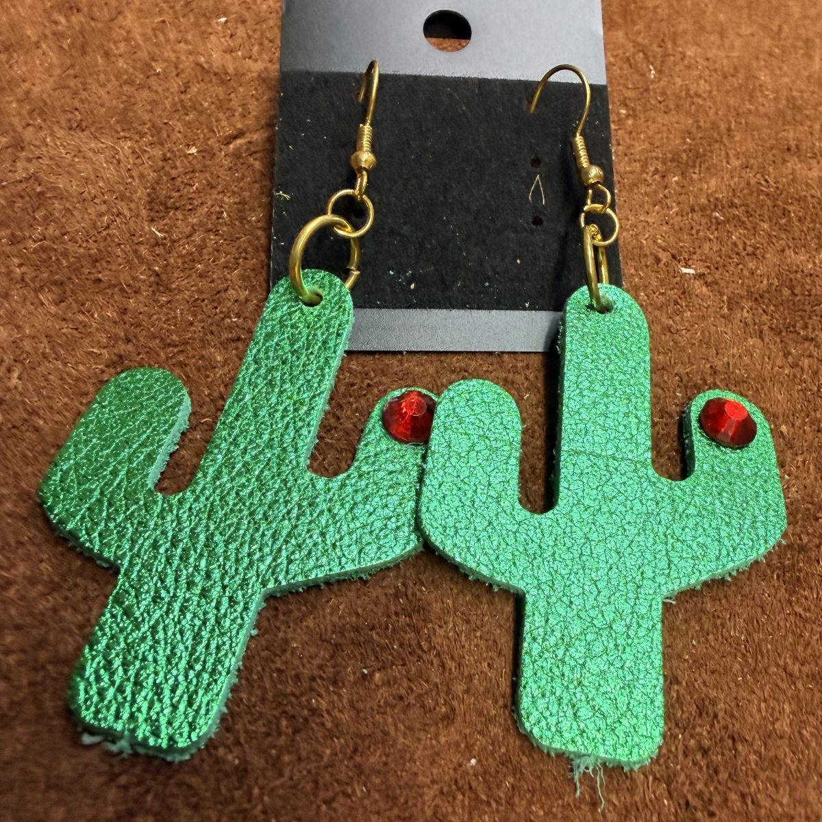 Real Green Leather Saguaro Cactus with Red Rhinestone on Gold Ear Wires
