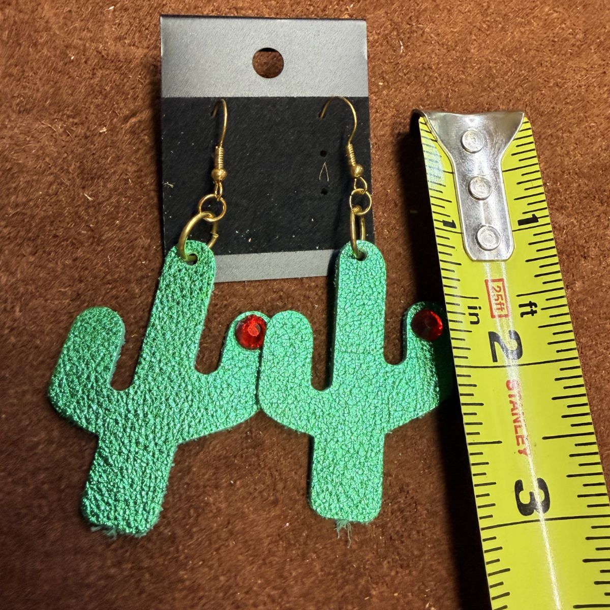 Real Green Leather Saguaro Cactus with Red Rhinestone on Gold Ear Wires - Image 2